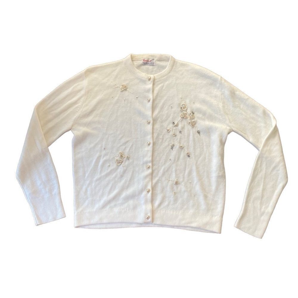 Penrose Vintage Cardigan Sweater Beaded White
